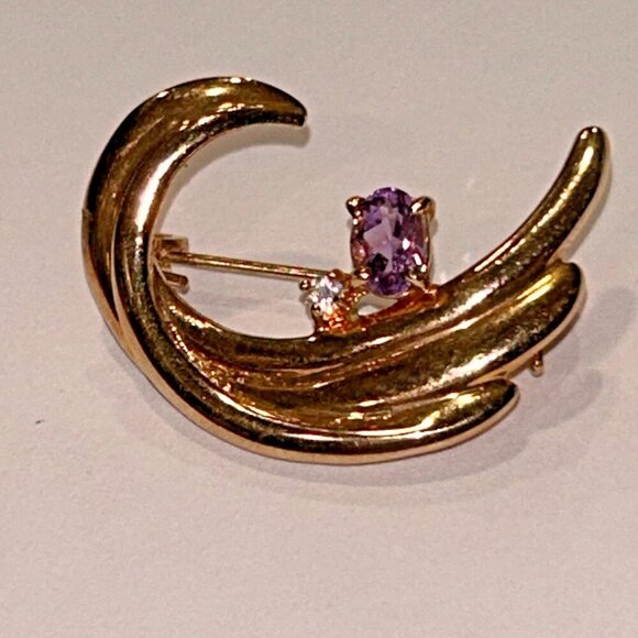 Purple Amethyst Diamond Swirl Brooch Gold Tone Vintage Signed Korea Mid Century - Picture 1 of 8